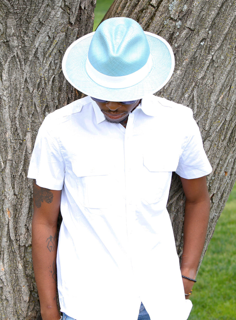 men's fedora Panama straw dress hat, blue fedora hat for men, blue and white panama straw hat for men