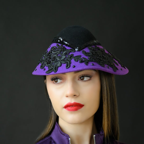 Purple and black ladies fascinator, church hat