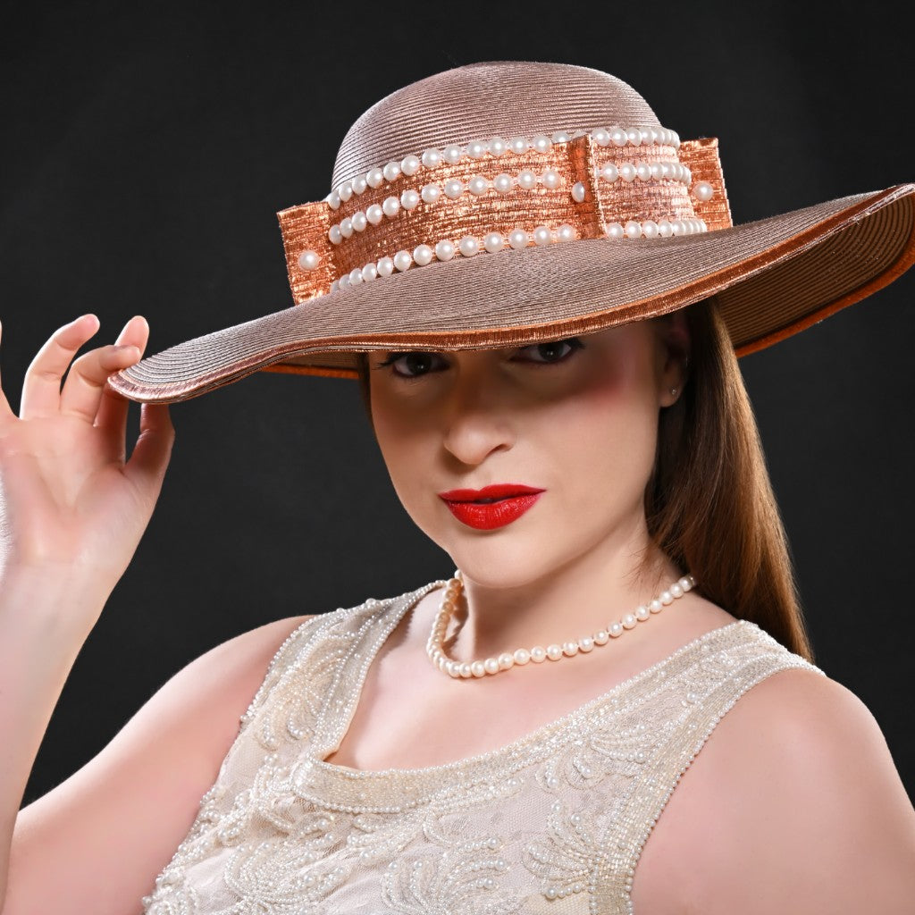 bronze wide brim dress hat, pearl dress hat