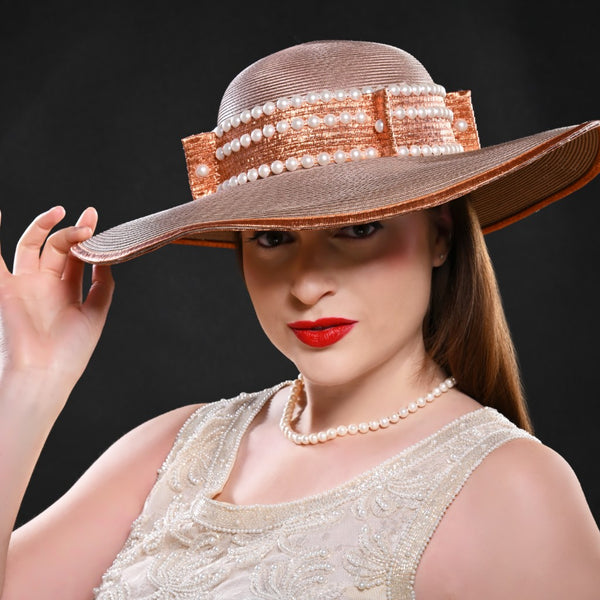 bronze wide brim dress hat, pearl dress hat