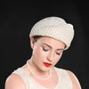 queen of England hat, dress hat with pearls and feather, pearl covered dress hat