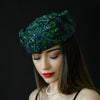 green lace covered navy blue pillbox dress hat, church hat