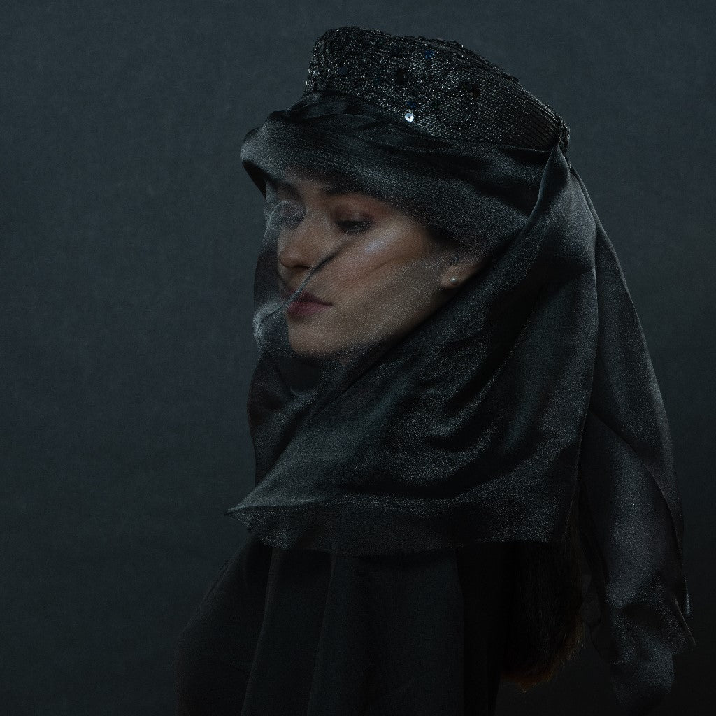 black funeral dress hat with long veil