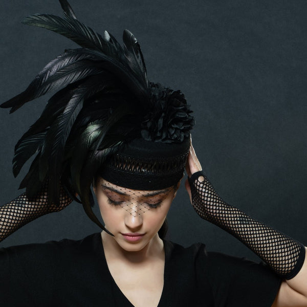 Ladies Black Wool Pill Box Dress Hat/Shenor Collections