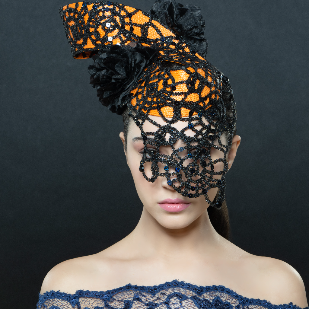 orange and black fascinator with flower, church fascinator