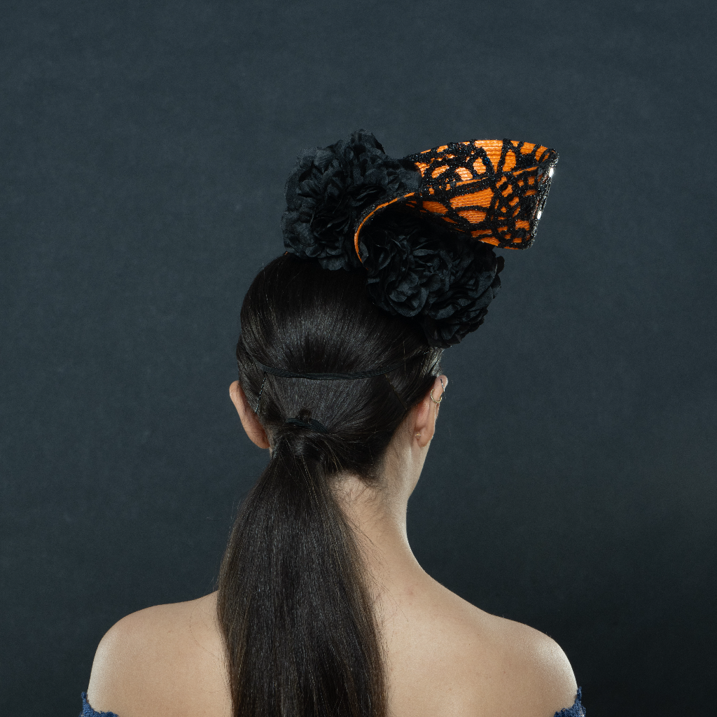 F4439-Ladies orange fascinator covered with lace