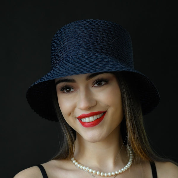 navy blue horsehair bucket dress hat