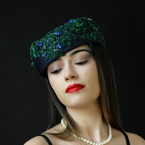 navy blue dress hat with lace, green lave pillbox