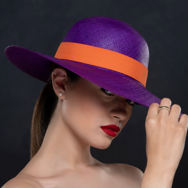 orange trim Panama straw purple dress hat