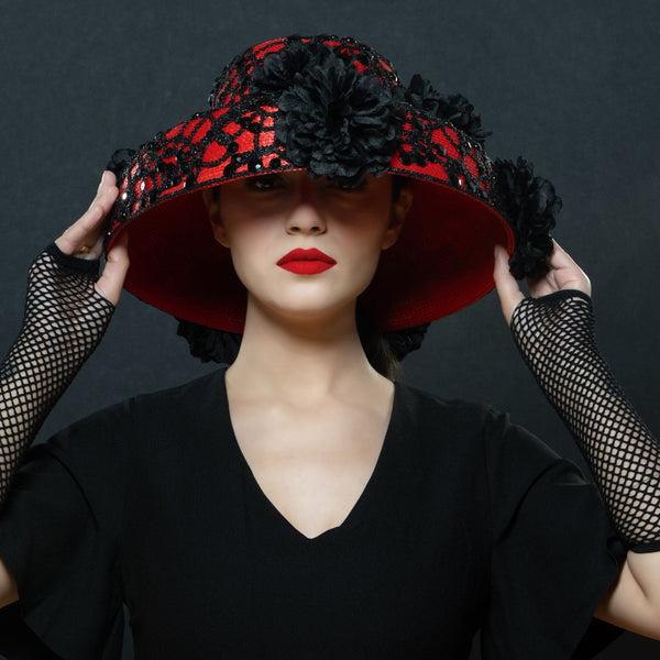 classy church hat, dress hat, women's red and black dress hat