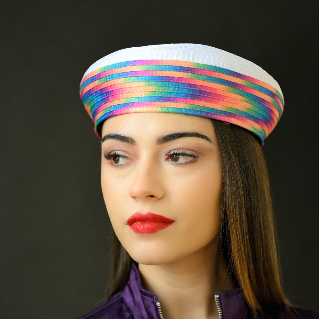 white satin ribbon pillbox with rainbow trim, dress hat, church hat