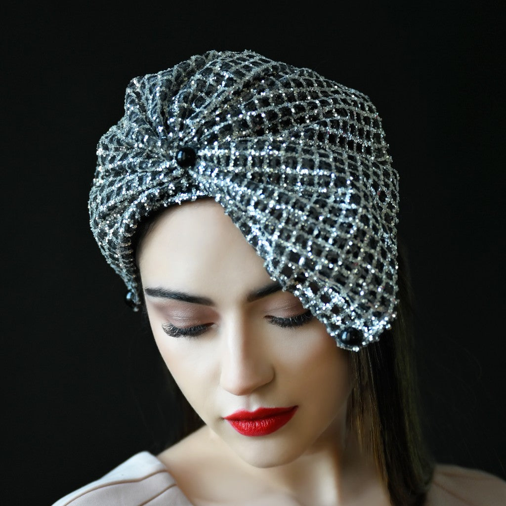 silver ladies dress hat silver and black fabric