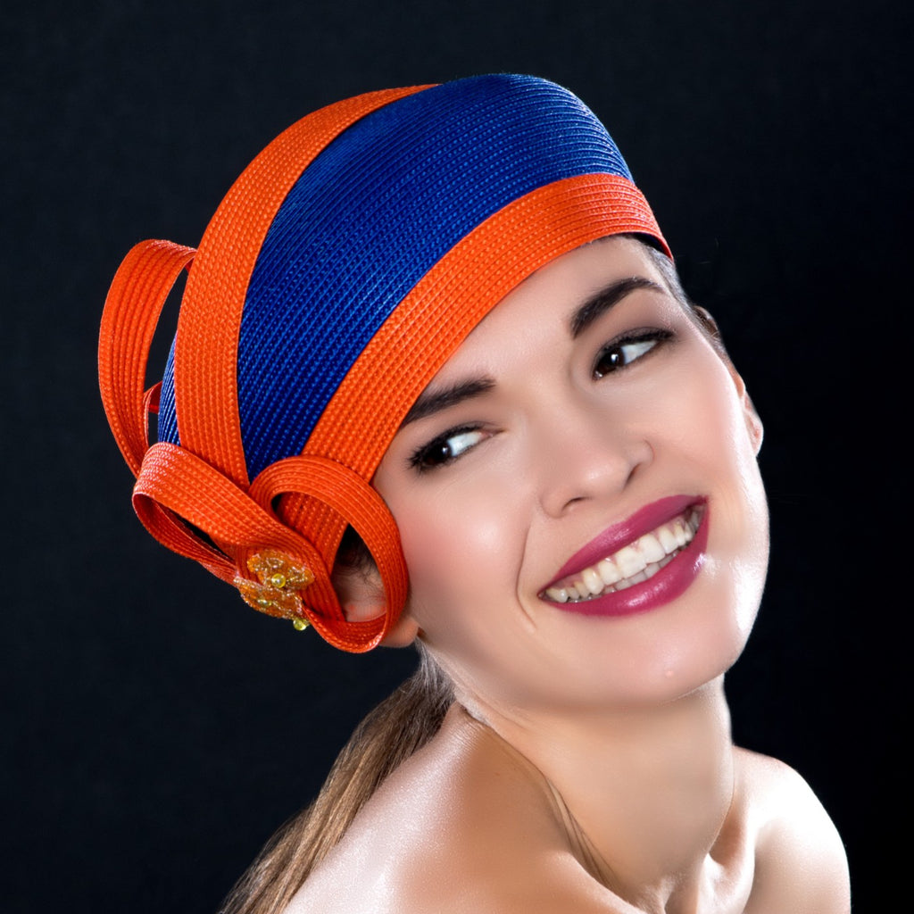 blue dress hat, ladies blue and orange church hats