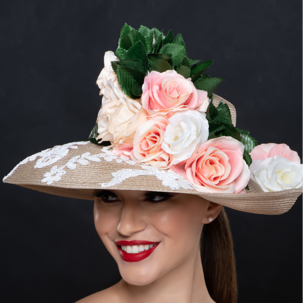 Tan color ladies dress hat with flowers/Shenor Millinery