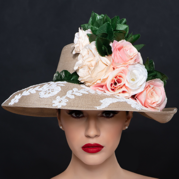 NA1417-Tan color ladies dress hat with flowers and green leaf trim