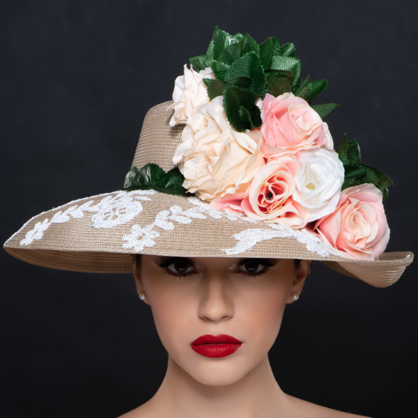 Tan color ladies dress hat with flowers Shenor Millinery Shenor Collections