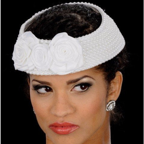 WEDDING HATS-CELEBRITY HATS Pearl covered straw wedding fascinator with satin custom-made flowers - SHENOR COLLECTIONS