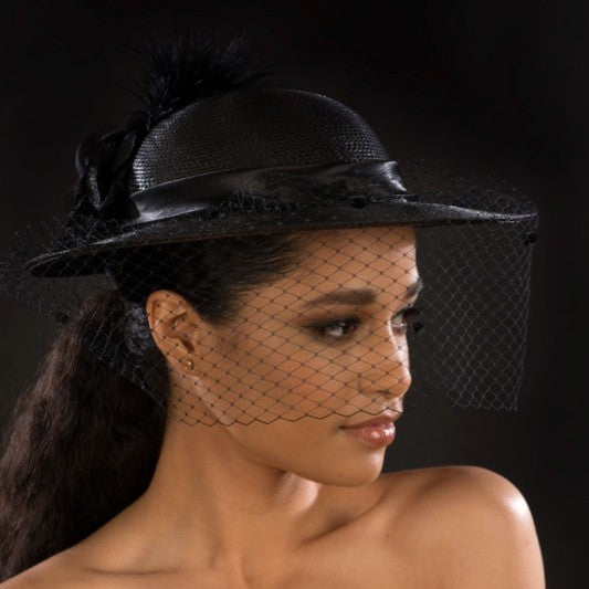 NA1059- Ladies Mesh Veil Dress Hat in Black with Feathers and Flower