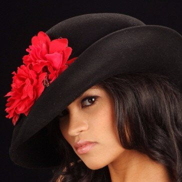 FW1138- Black dress felt with red velvet flowers - SHENOR COLLECTIONS