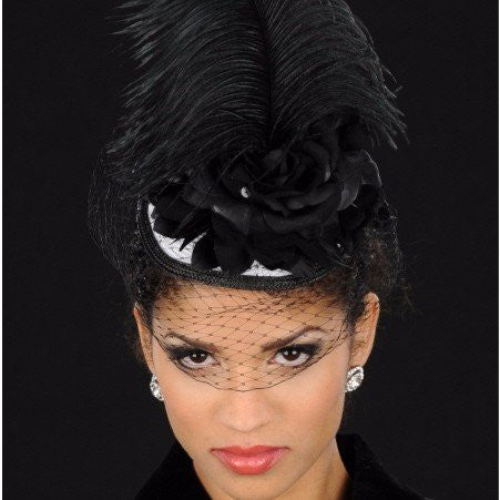 F6019-White/black straw with ostrich feather and flowers - SHENOR COLLECTIONS