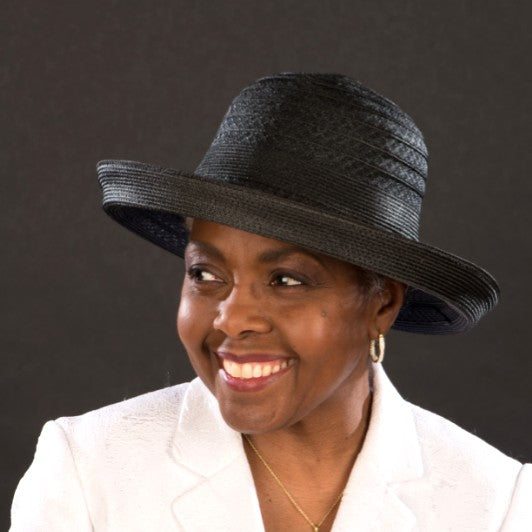 NA1062- Black straw turn up brim dress hat - SHENOR COLLECTIONS
