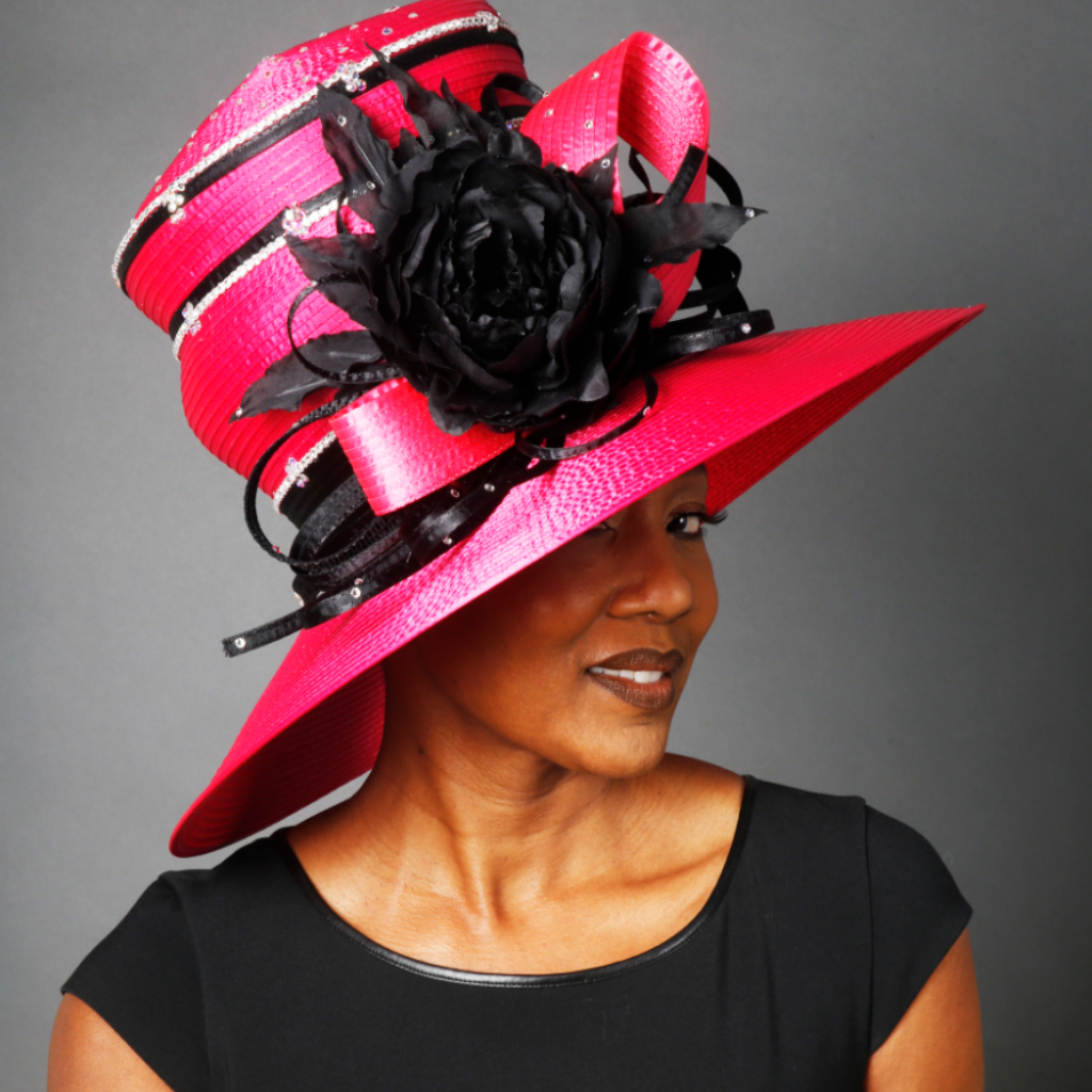 pink dress hat, satin ribbon with black flowers