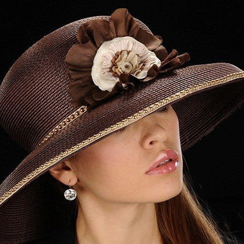 Gold trimmed brown straw ladies church hat| Shenor Collections Gold trimmed brown straw ladies church hat| Shenor Collections