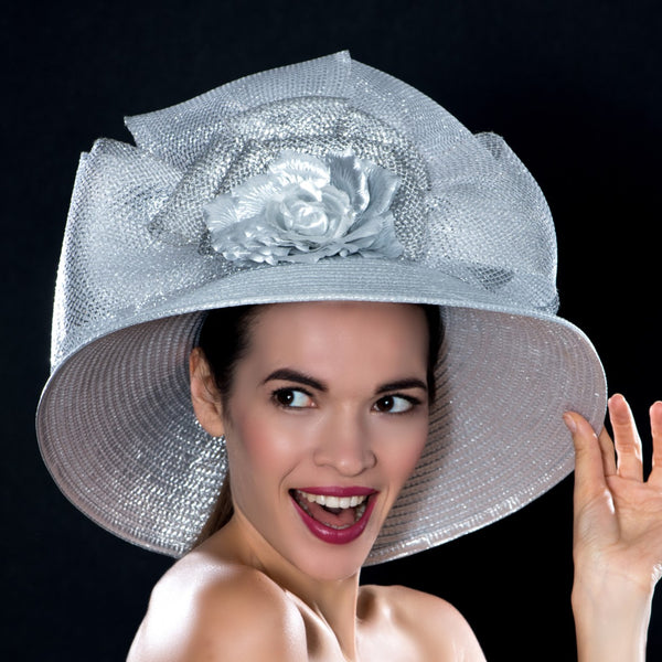ladies silver dress hat wide brim and flower