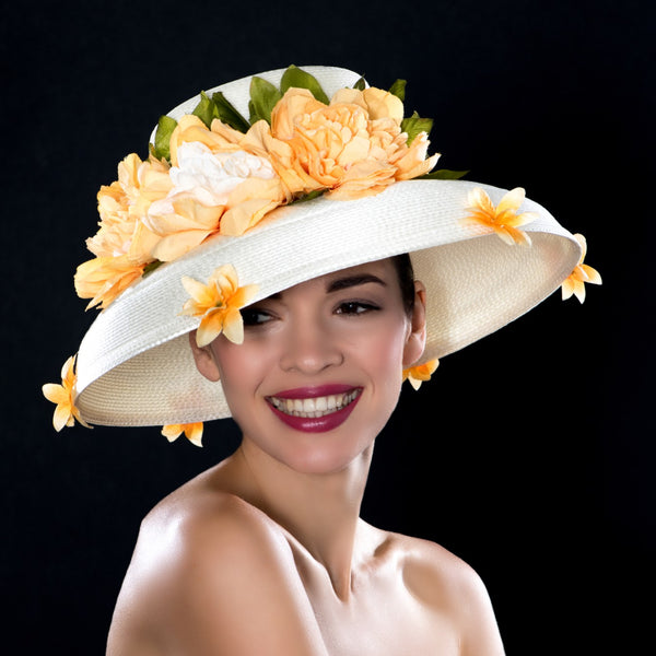 Ladies Cream Dress Hat With Flowers - Shenor Collections