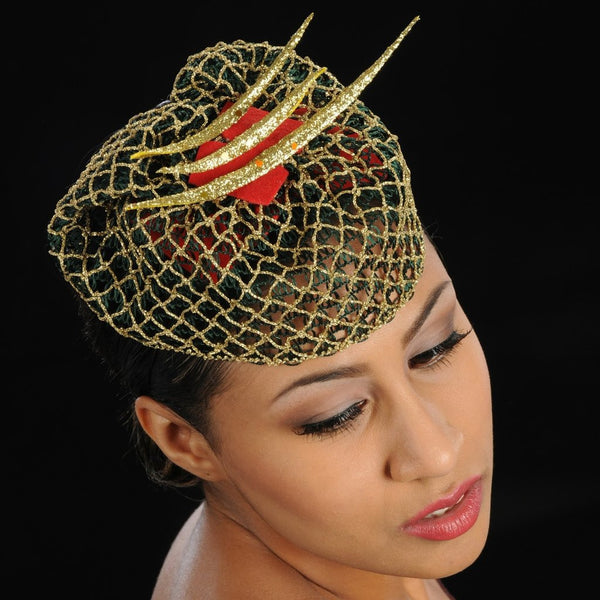 FW1132 Red felt ladies fascinator design with green and gold fabric - SHENOR COLLECTIONS