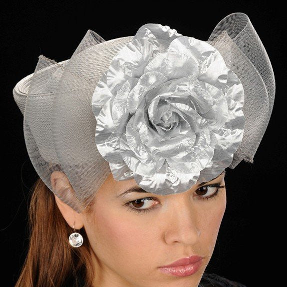 SG5006-Silver pill box with horse hair and flower dress hat - SHENOR COLLECTIONS
