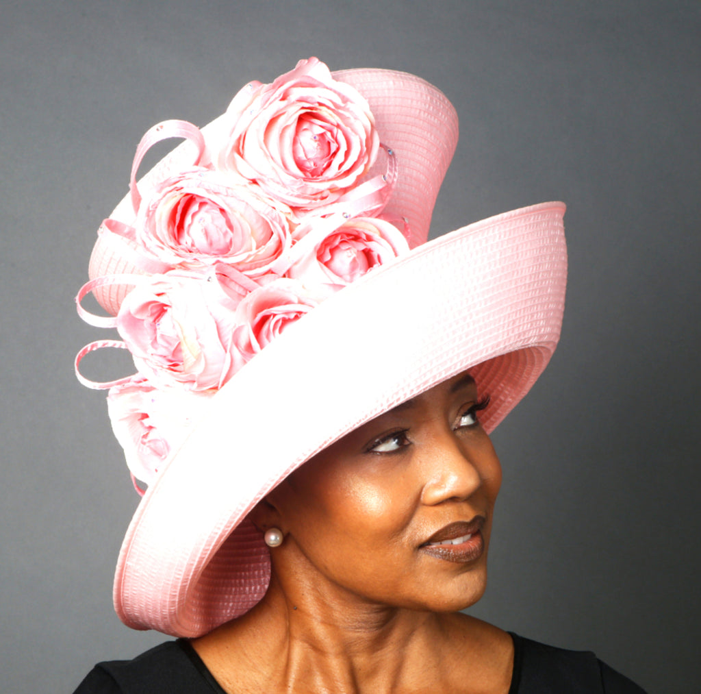 baby pink satin ribbon dress hat, church hat
