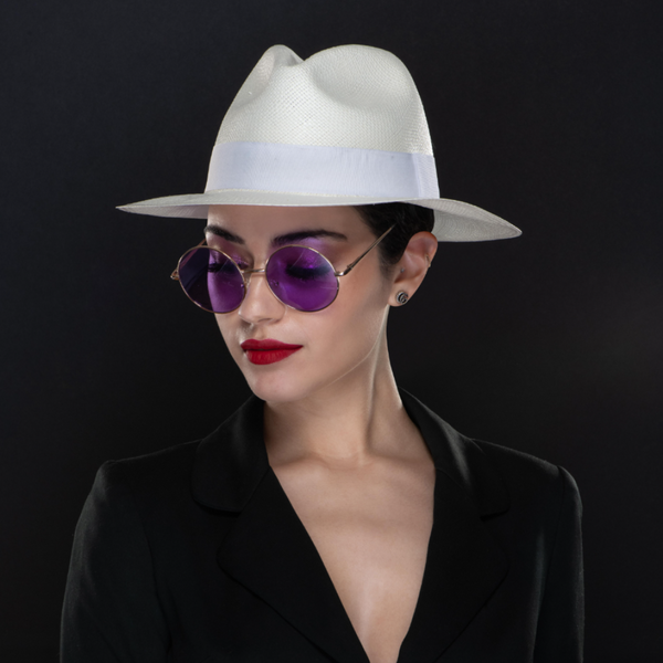 cream panama straw hat with white trim, ladies fedora