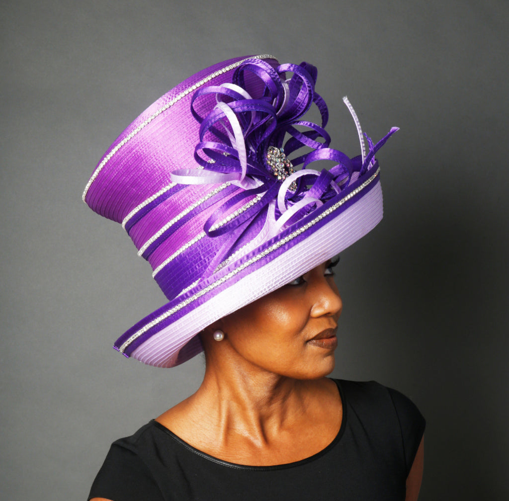 classy purple satin ribbon dress hat