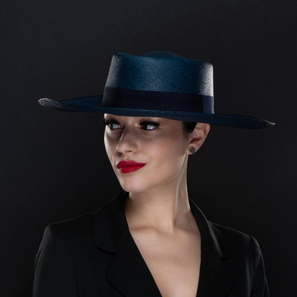 wide brim, navy blue Panama straw hat, dress hat