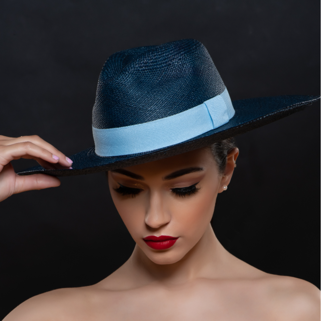 navy blue Panama straw dress hat with light blue trim