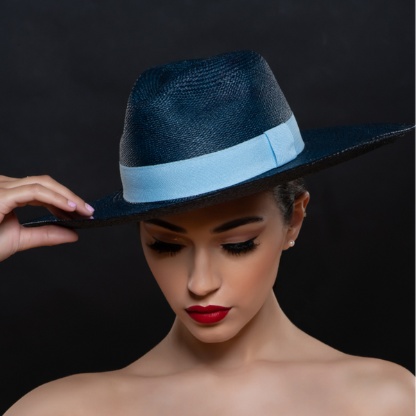 navy blue Panama straw dress hat with light blue trim