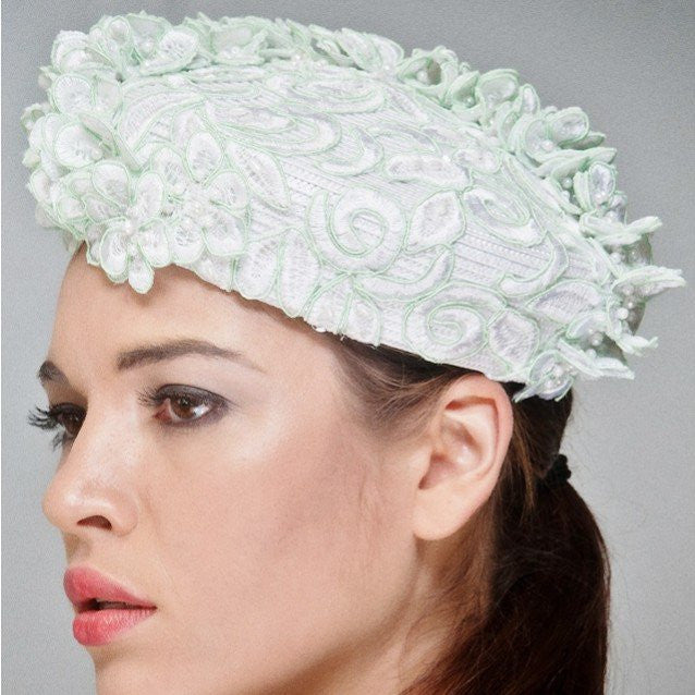 NA1026-Small white pillbox straw with hand beaded lace. - SHENOR COLLECTIONS