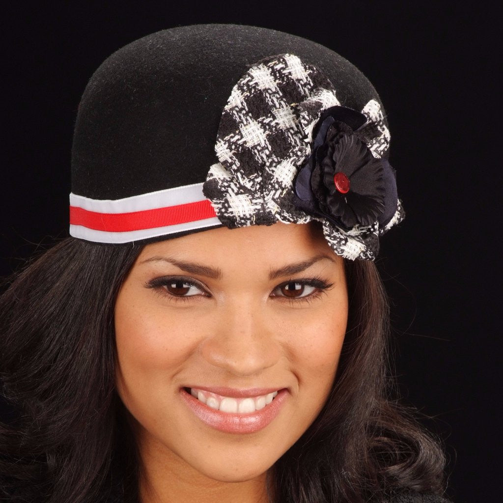 FW1133- Black felt with flower and res/white trim - SHENOR COLLECTIONS