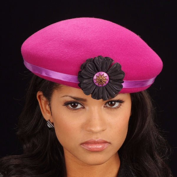 FW1134 Pillbox felt dress hat with small flower and button - SHENOR COLLECTIONS
