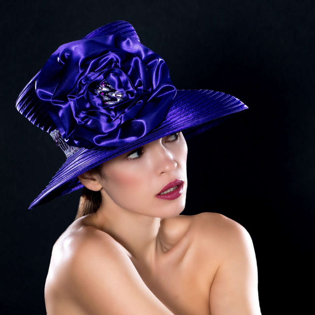 purple satin ribbon dress hat