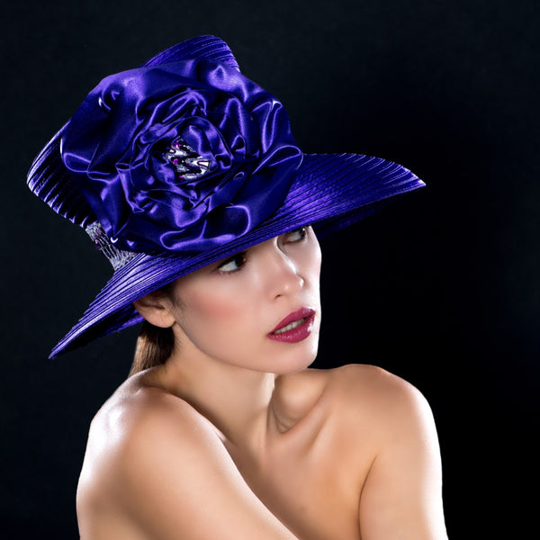 purple satin ribbon dress hat
