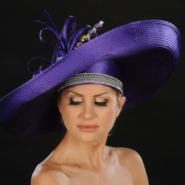 OE8014- Women's purple satin wide brim dress hat - SHENOR COLLECTIONS