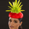 F6030- Red satin ribbon dress fascinator hat with feathers - SHENOR COLLECTIONS