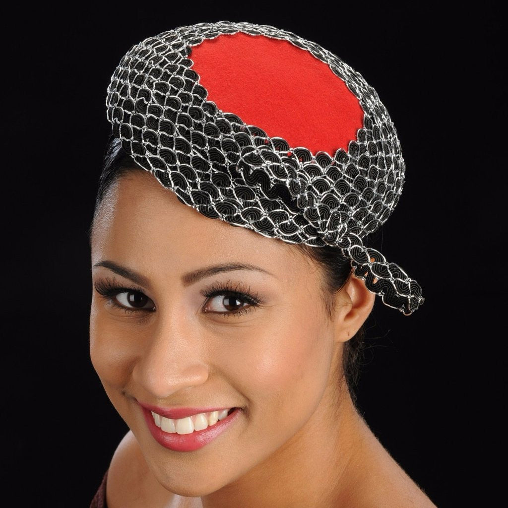 AC7023-Red top felt fascinator with sequins trim and small bow - SHENOR COLLECTIONS, winter and summer fascinator