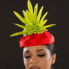 F6030- Red satin ribbon dress fascinator hat with feathers - SHENOR COLLECTIONS