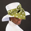 NA1064- All year round satin ribbon church hat in white with large polka dot bow - SHENOR COLLECTIONS
