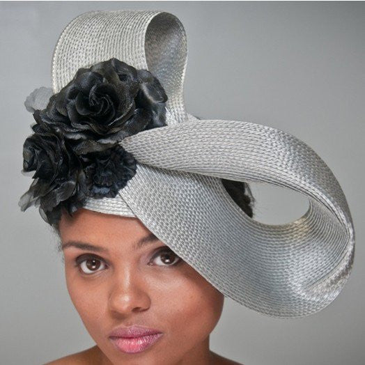 SG6023-Unique sliver straw with black flowers - SHENOR COLLECTIONS
