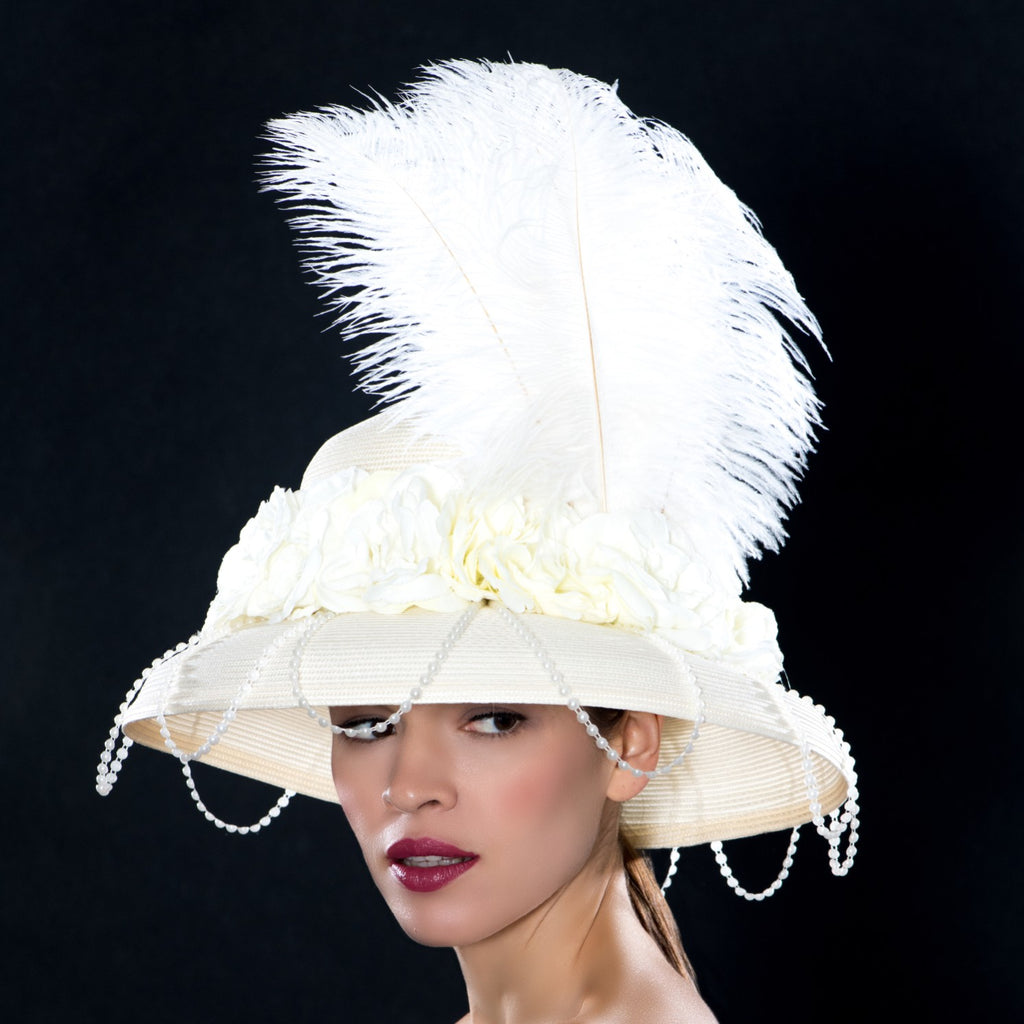pearl wedding dress hat with feathers