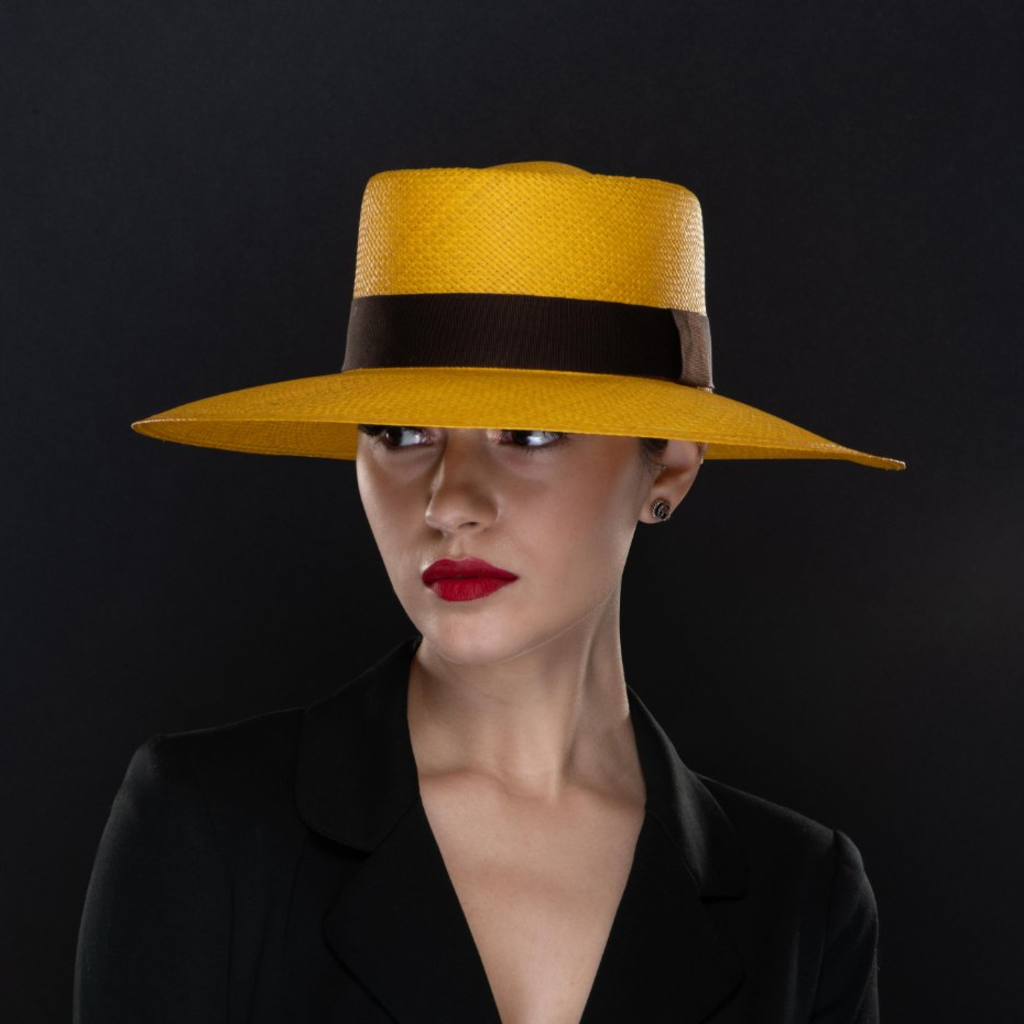 mustard yellow panama straw hat, dress hat for women
